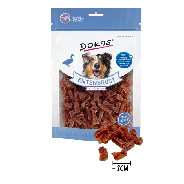 Dokas Entenbrust Stückchen für Hunde – Trainingssnack, 70g & 200g